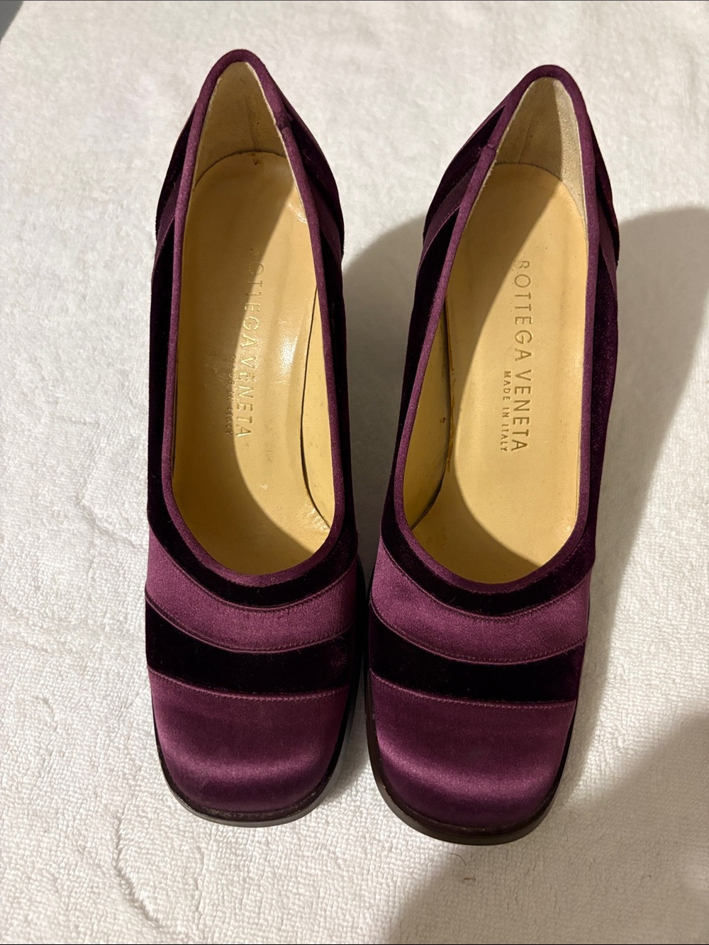 Bottega Veneta Plum Satin and Velvet Stripe Heels